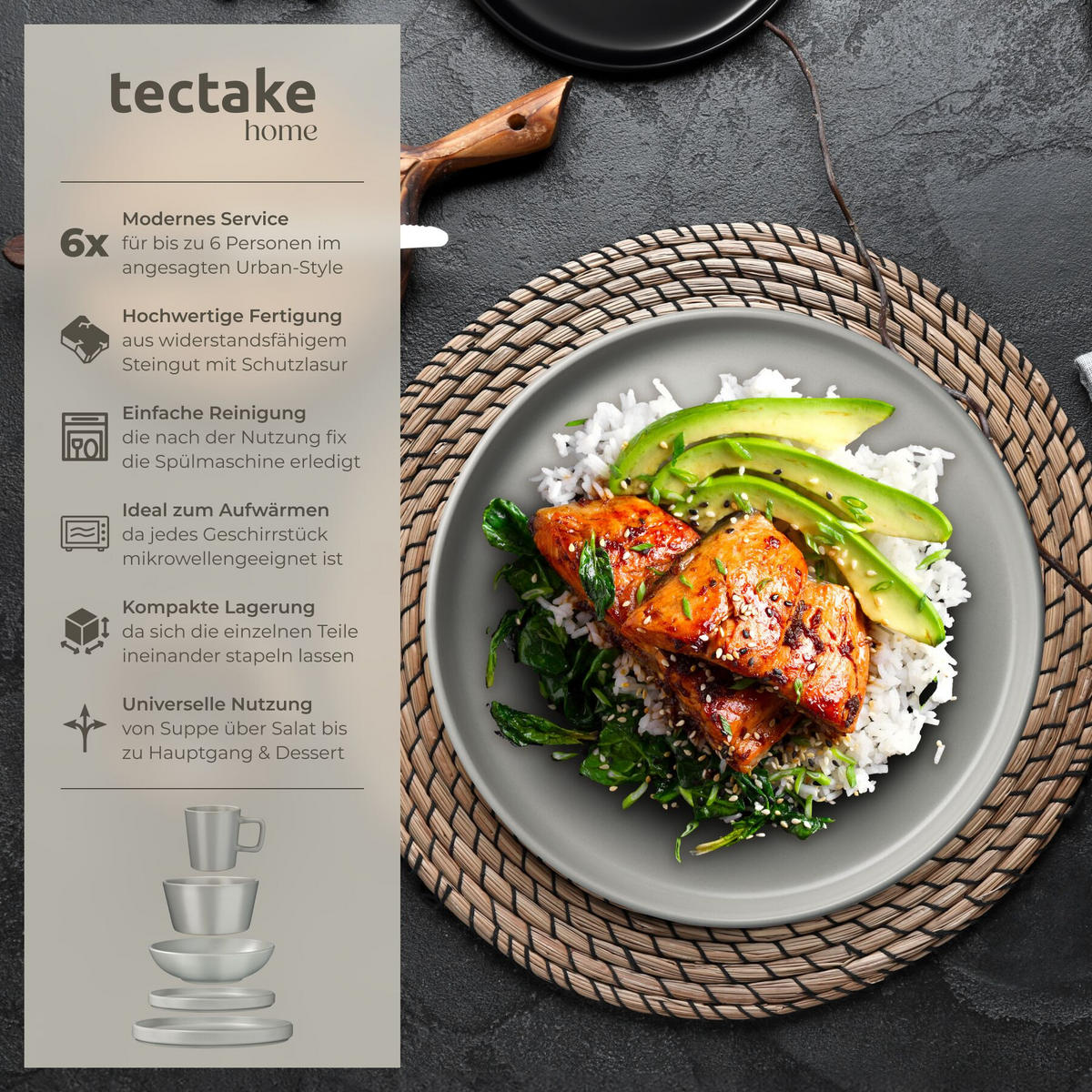 KOMBISERVICE Una, ineinander stapelbar, grau - Grau, Keramik (26/2.3/26cm) - tectake