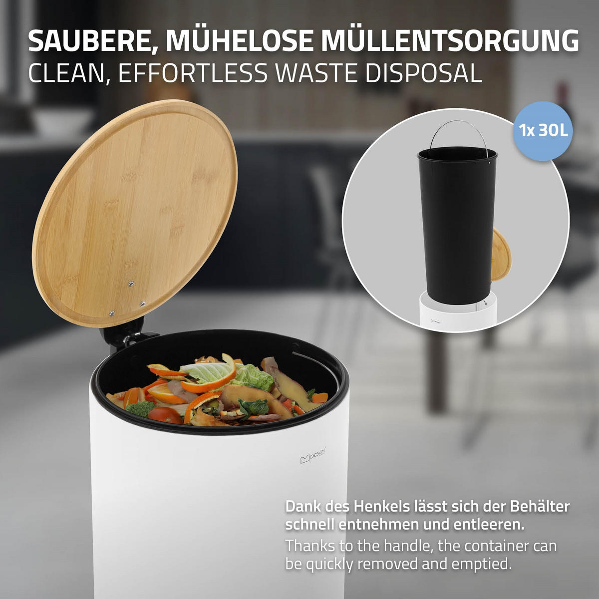 KOŠ NA ODPADKY 30 L s pedálem a bambusovým víkem, kulatý, bílý, z oceli - bílá, kov (29/62.5/37cm) - ML-DESIGN