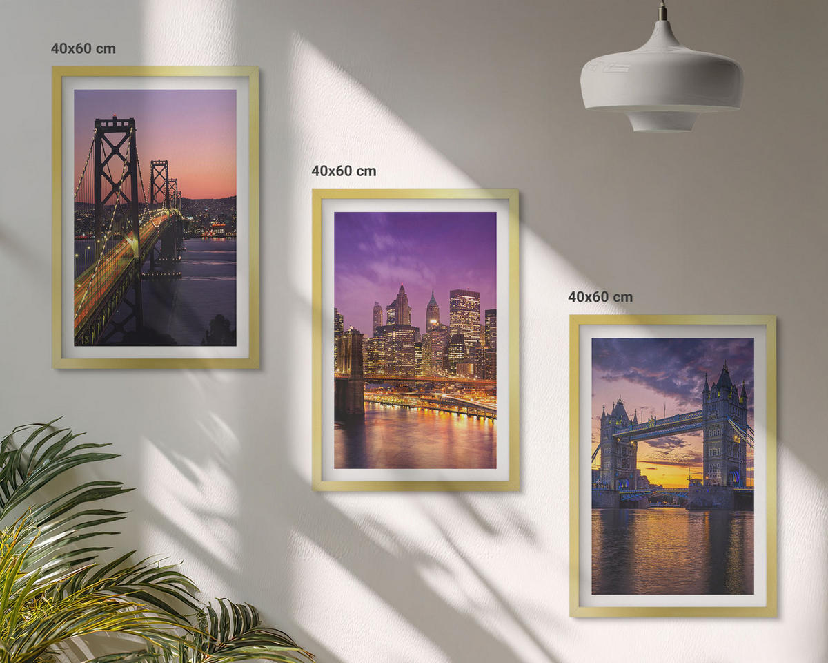 WANDBILDER 3er Set - 40x60 cm Goldrahmen - Brücken, Sonne, Stadtblick - Goldfarben, Kunststoff (40/60cm) - ArtPrintCave