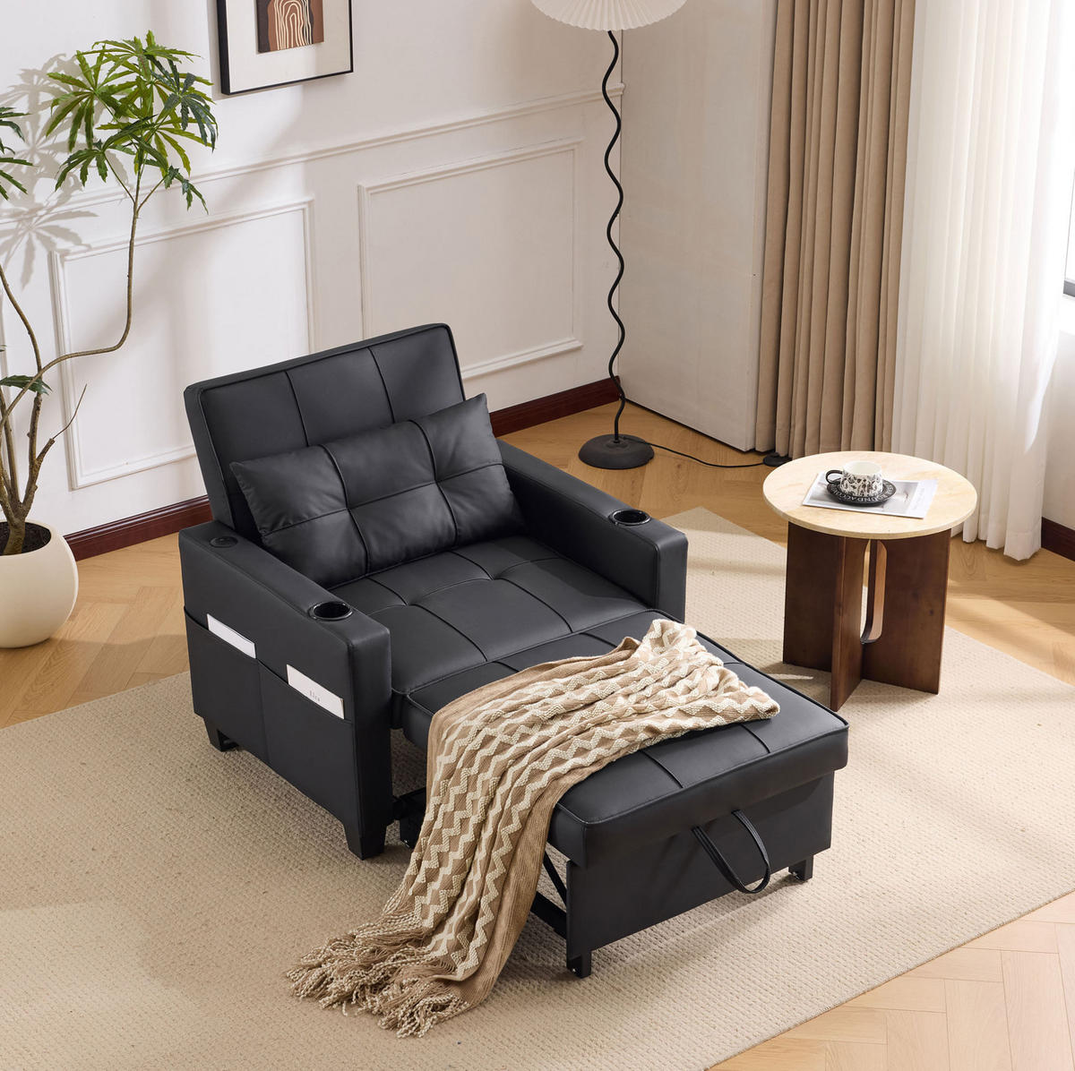 SCHLAFSESSEL aus Holz und Metall Schwarz 3-in-1 mit verstellbarer Rückenlehne, USB-Anschluss und Getränkehaltern - Schwarz, Holz (87/84/74cm) - Modfu