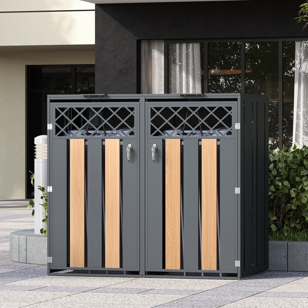 MÜLLTONNENBOX Klappdeckel 2 Türen Lüftung - Grau, Metall (132/118.5/80cm) - LEBENLANG