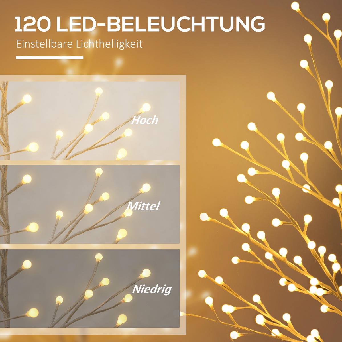 KÜNSTLICHE Birke mit 120 LED-Lichtern, 3 Helligkeitsstufen, faltbare Äste, 150 cm, Weiß - Weiß, Kunststoff (20/150/20cm) - HOMCOM