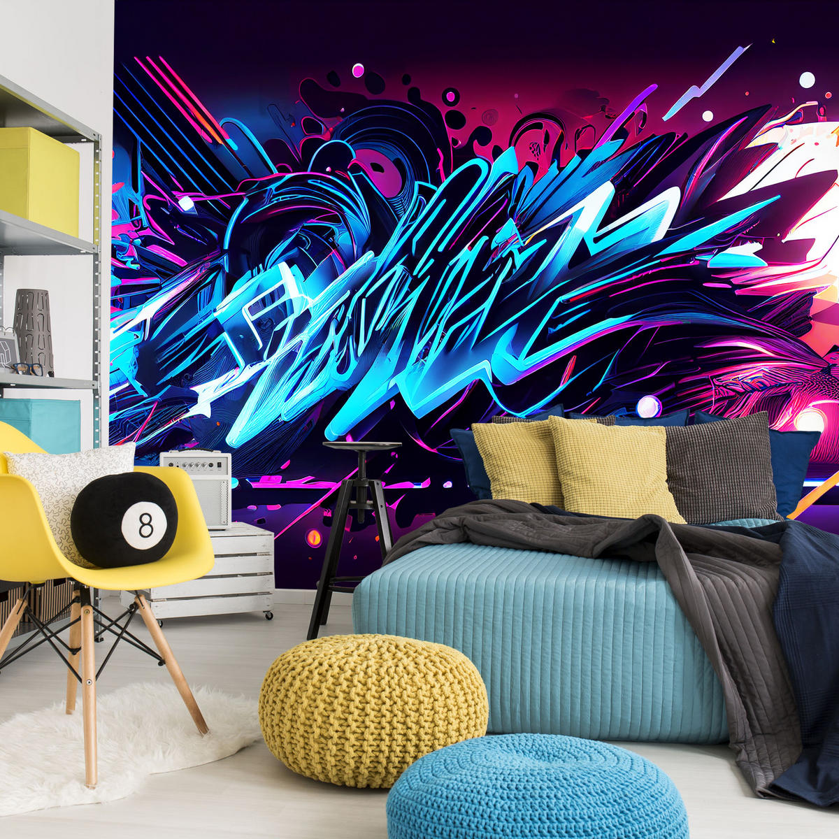 FOTOTAPETE für Jugendzimmer Neon Graffiti Schriften 400x280 - Blau/Gelb, Papier (400/280cm) - Muralo