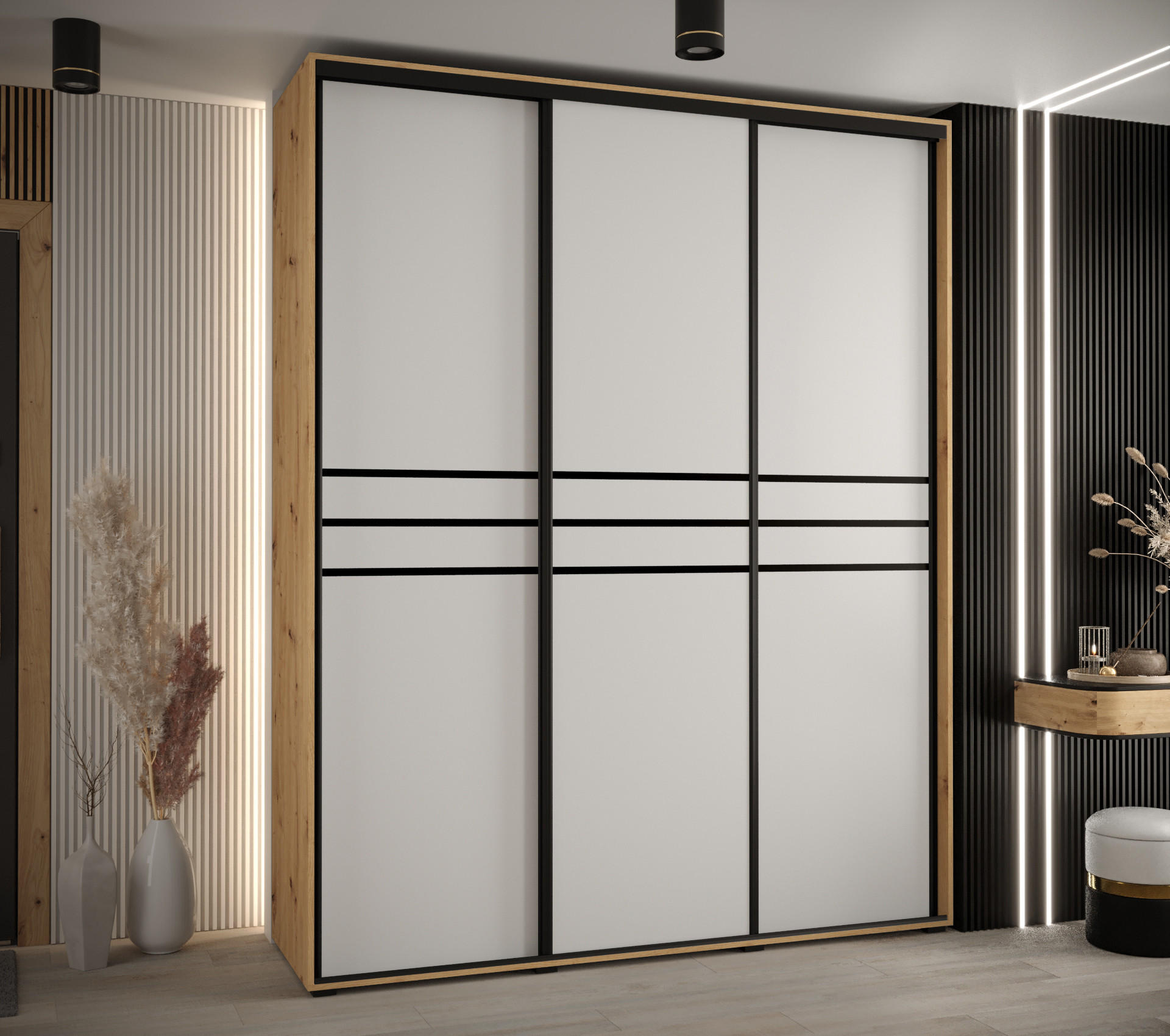SCHWEBETÜRENSCHRANK 235,2/190/45 3-türig - Schwarz/Weiß, Holz/Metall (190/235/45cm) - Abiks Möbel