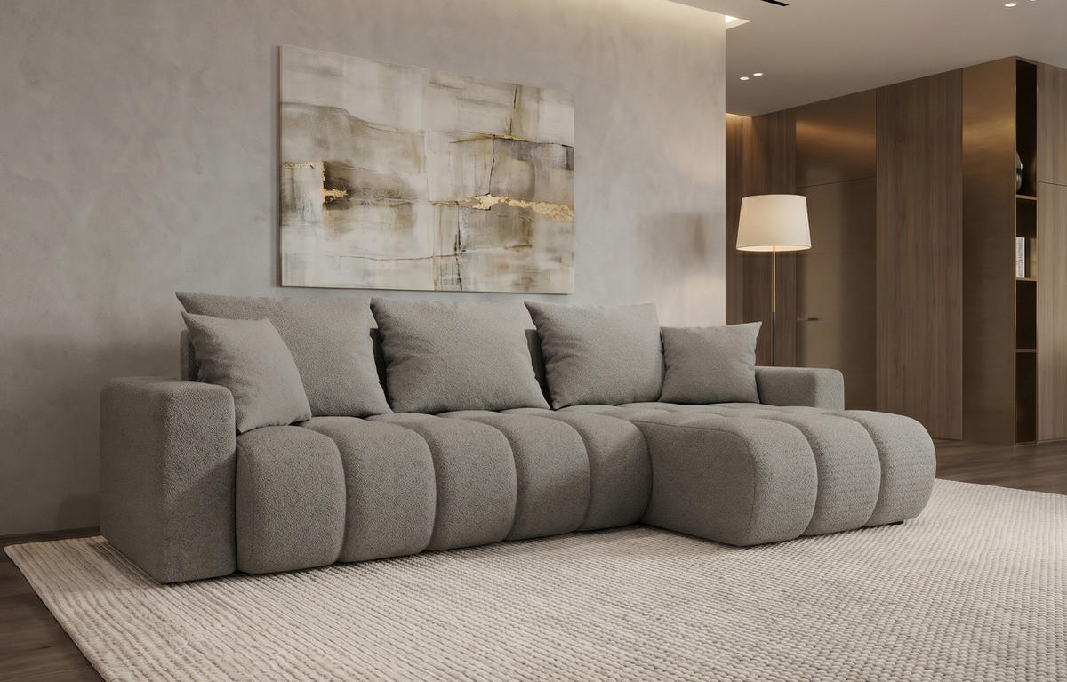 ECKSOFA GERRO Schlaffunktion Bettkasten Universal Boucle Grau - Grau, Textil (237/142cm) - Luxkor24