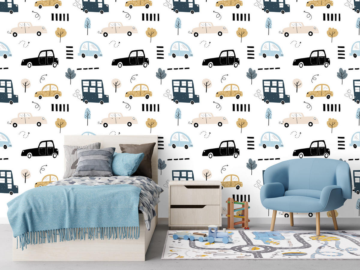 VLIESTAPETE Pastellautos und Bäume – Blau, Beige, Weiß – 50x1000 cm - Blau/Beige, Papier (50/1000cm) - Muralo