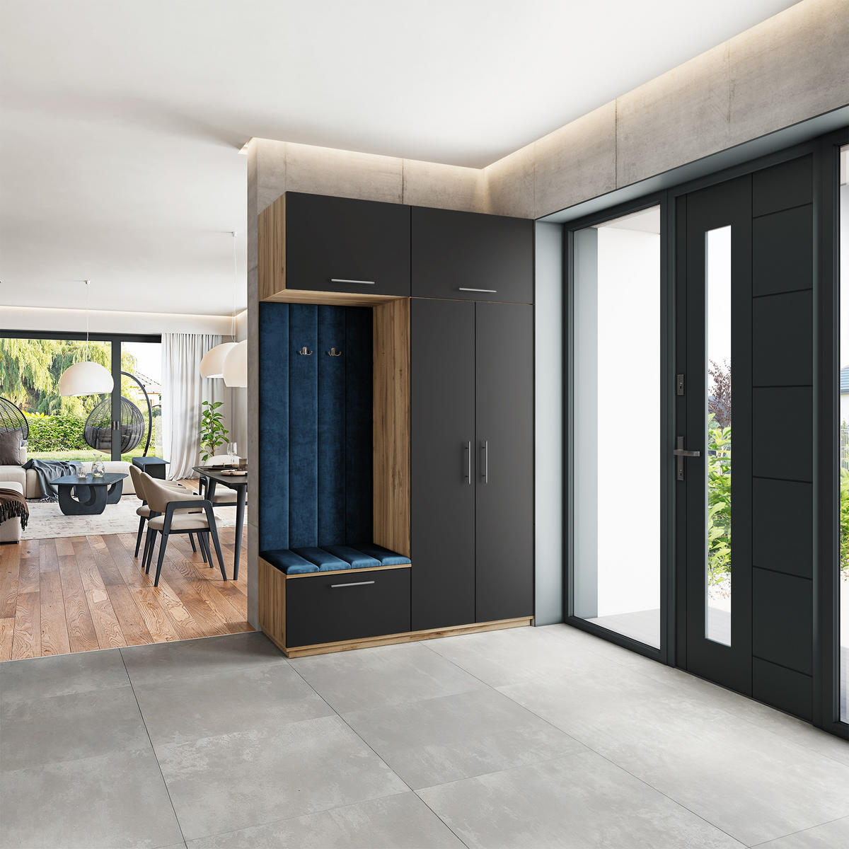 GARDEROBENSCHRANK REMA 150/240/60 cm Modern Garderobe-Set Eiche Wotan - Blau/Eiche Wotan, Holzwerkstoff (150/240/60cm) - MASSENO