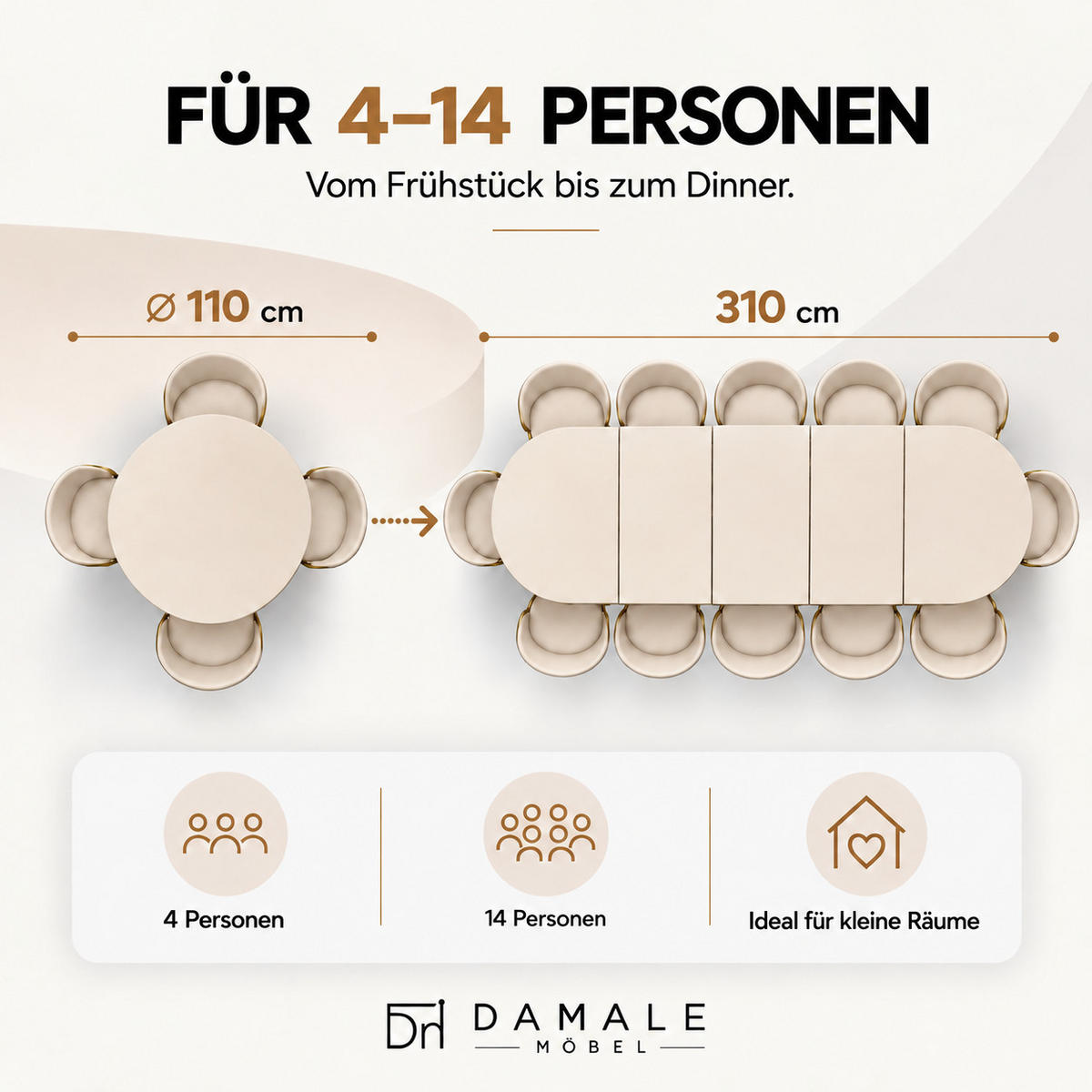 ESSTISCH rund ausziehbar 110-310/110/76 cm, Kaschmir, 54 cm Tischplatte + X Metallbeine Weiß - Kaschmir/Weiß, Holzwerkstoff/Metall (110/110/76cm) - Damale Möbel