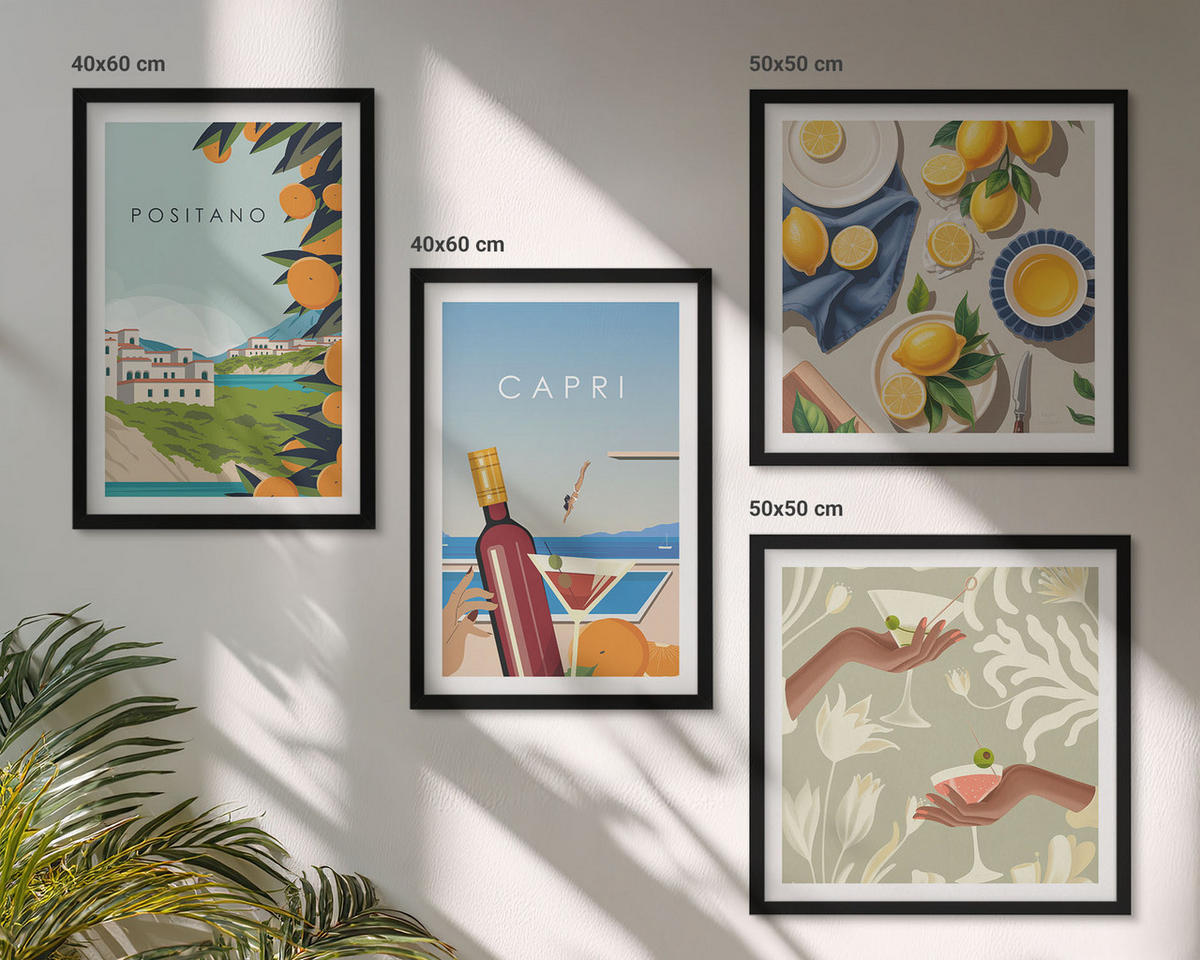 BILDER SET 4er Set - 50x50 cm & 40x60 cm Schwarzer Rahmen - Italienische Zitronenurlaube Capri - Schwarz, Kunststoff (50/50cm) - TULUP
