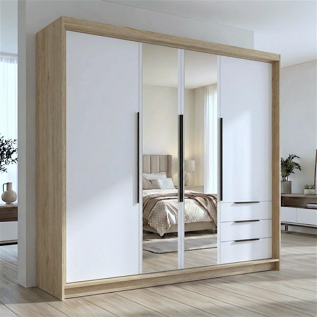 DREHTÜRENSCHRANK VIVO 200 cm Farbe: Sonoma | Weiß | Weiß - Braun/Weiß, Holzwerkstoff/Metall (200/215/59.5cm) - A&J MöbelLand