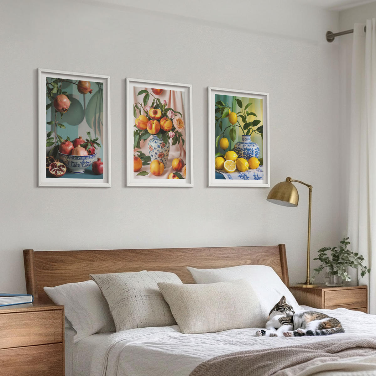 WANDBILDER 3er-Set - 40x60 cm Weißer Rahmen - Granatäpfel, Pfirsiche, Zitronen - Weiß, Kunststoff (40/60cm) - ArtPrintCave