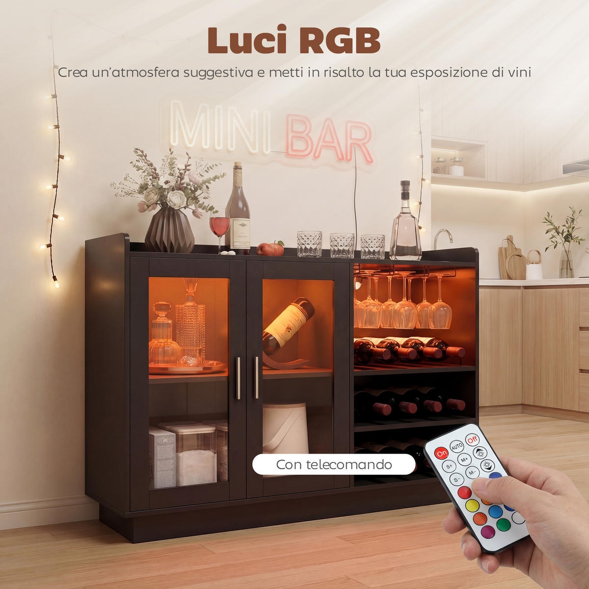 WEINREGAL, LED, verstellbarer Boden, Holz/Glas, schwarz, 120x38x88cm - Multicolor, Metall (120/88/38cm) - FORIOUS