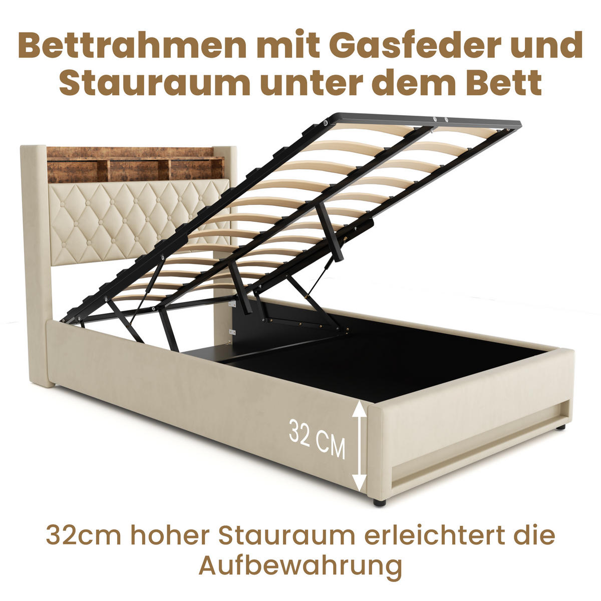 POLSTERBETT 140/200 cm mit Bettkasten und Steckdose Boxspringbett mit USB und LED-Licht Stauraumbett ohne Matratze - Beige, Holzwerkstoff/Textil (140/200cm) - STILVORA