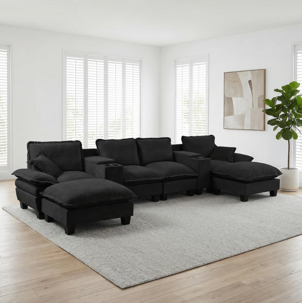 WOHNLANDSCHAFT aus Chenille 392x151x90 cm Schwarz mit USB-Anschluss, Stauraum, Getränkehaltern und 2 Ottomanen - Schwarz, Textil (392/90/151cm) - Modfu