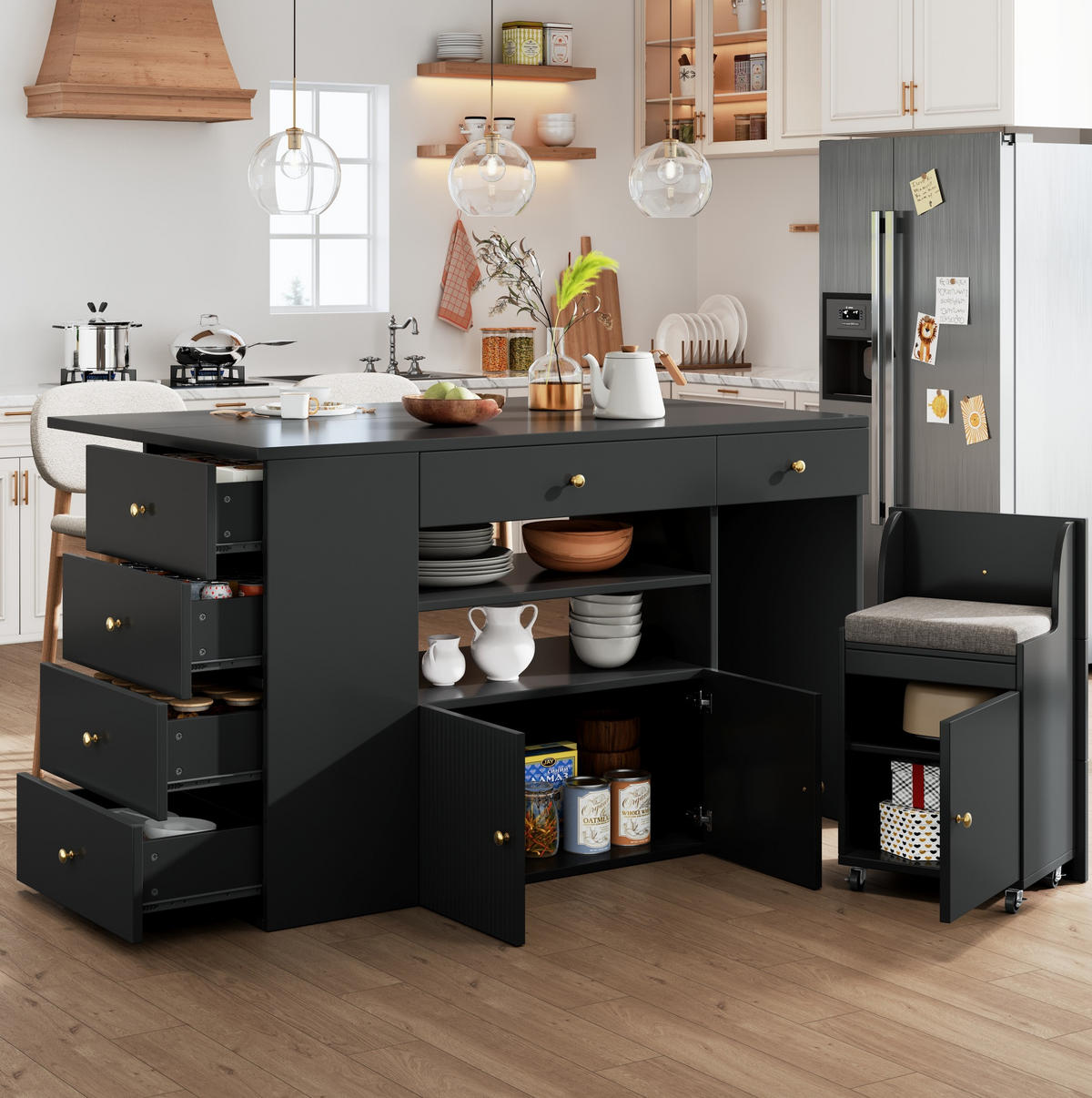 KÜCHENINSEL 140/40-70/89 cm aus MDF und Metall mit Hocker und viel Stauraum Schwarz - Schwarz, Holzwerkstoff (140/89/70cm) - Modenvie