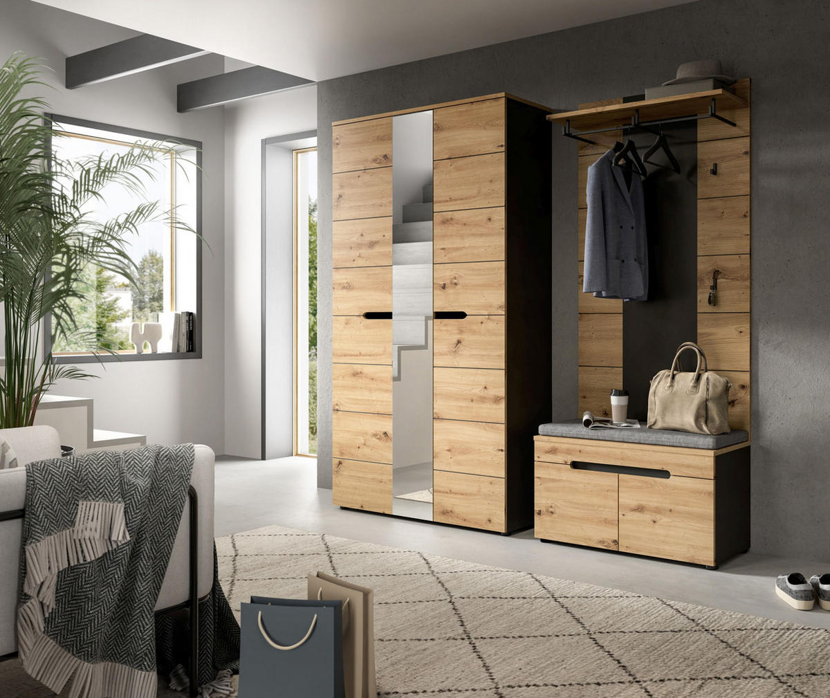 GARDEROBEN-SET Canu Artisan 200/37/190 cm - Grau, Holzwerkstoff (200/190/37cm) - Xonox