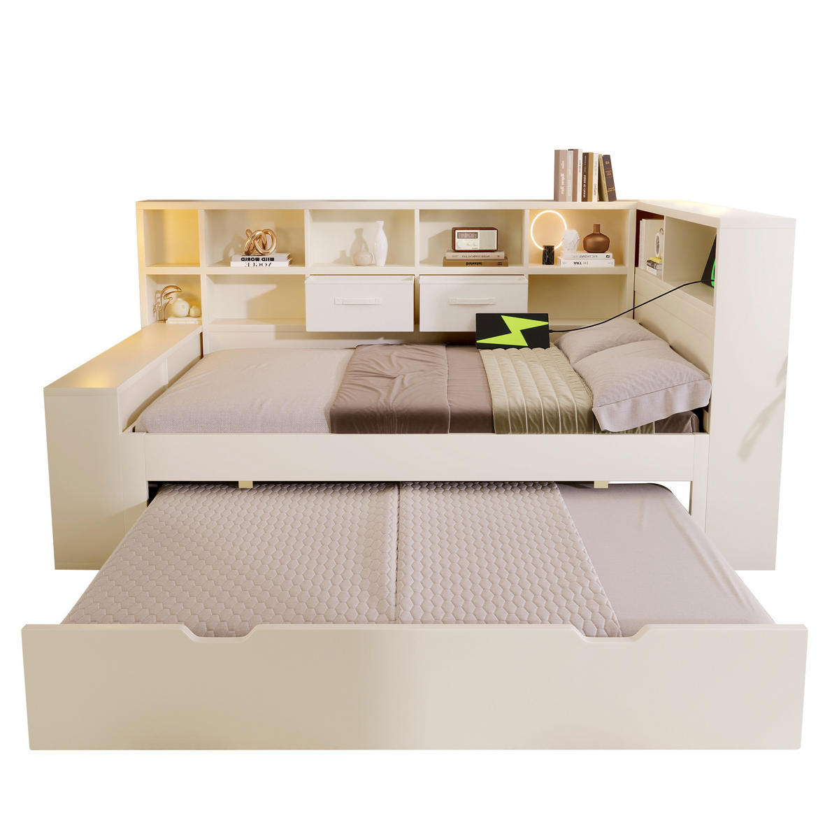 AUSZIEHBETT 90/190 cm DE-00789, in Weiß, USB-C und 3 Ablageflächen - Weiß, Holz (90/190cm) - ComfortXL