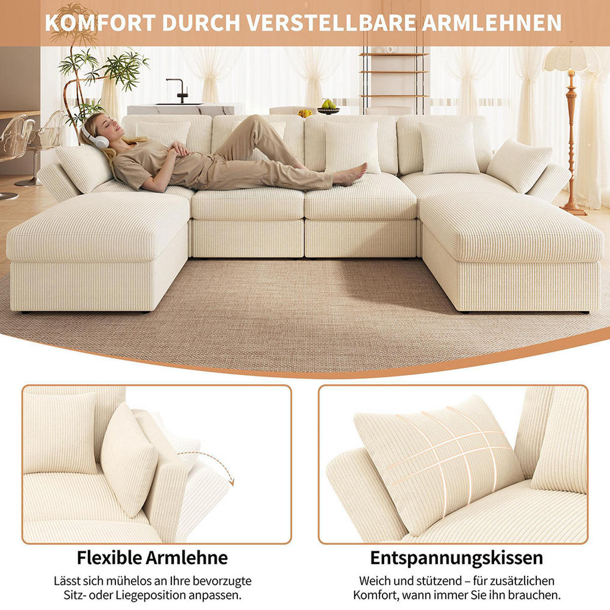 ECKSOFA,SECHSSITZER-SOFA mit verstellbaren Armlehnen in Beige - Beige, Textil (159.5/290cm) - KOMHTOM