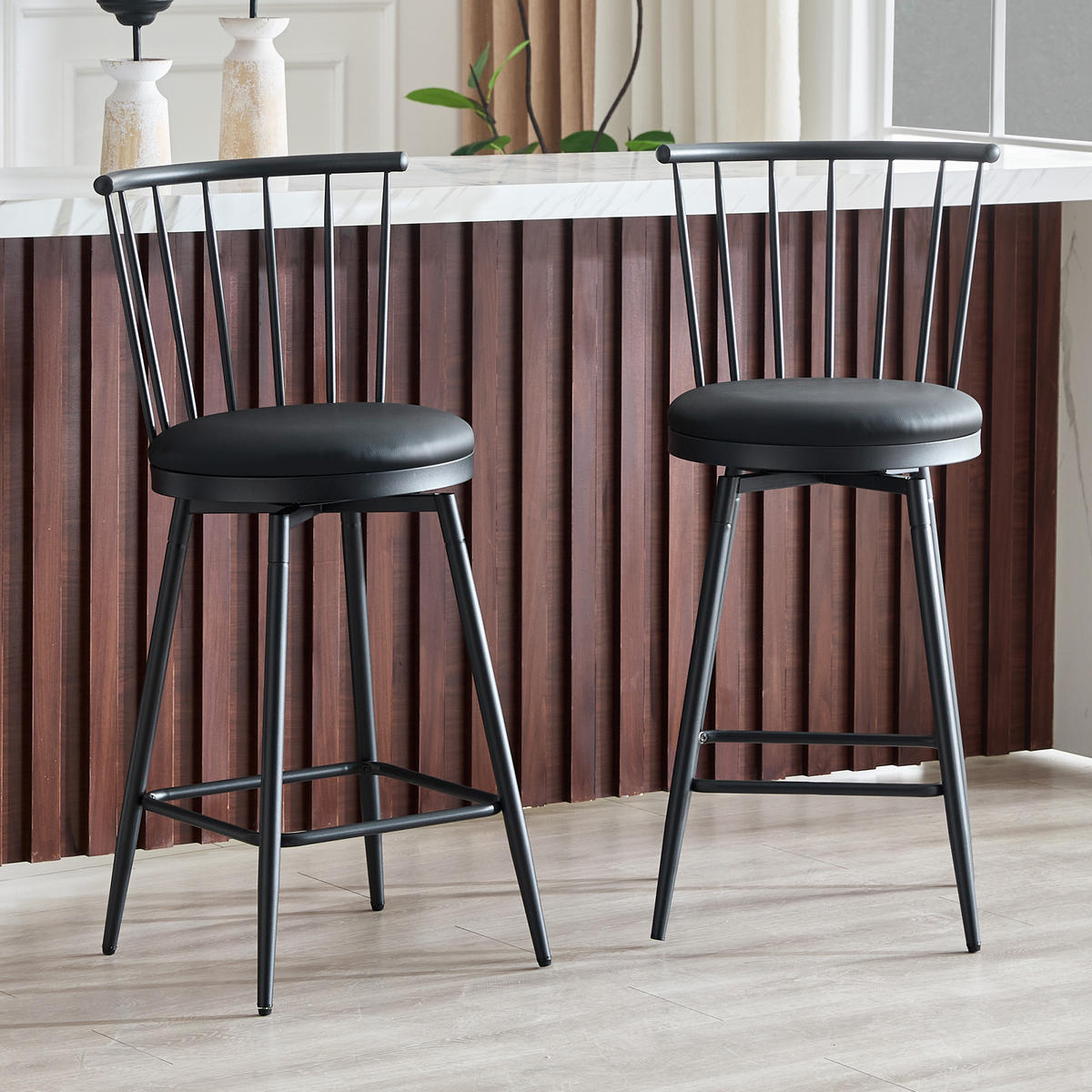 BARHOCKER DE-36667 2er Set mit PU-Bezug und Metallgestell Schwarz - Schwarz, Metall (39/96/39cm) - ComfortXL