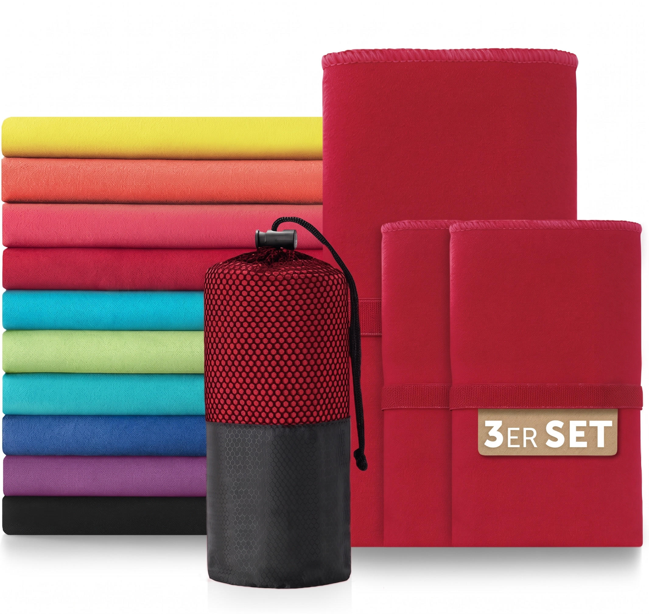SPORTHANDTUCH microfiber 3er-Set , 180/90 cm & 2 x 80/40 cm, Dunkelrot - Dunkelrot, Textil (180/90cm) - Blumtal