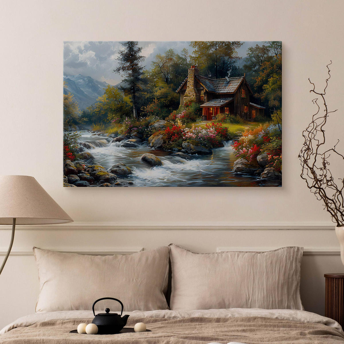 LEINWANDBILD Berghütte Pflanzen Natur Landschaft 90cm x 60cm - Blau/Beige, Textil (90/60cm) - Muralo