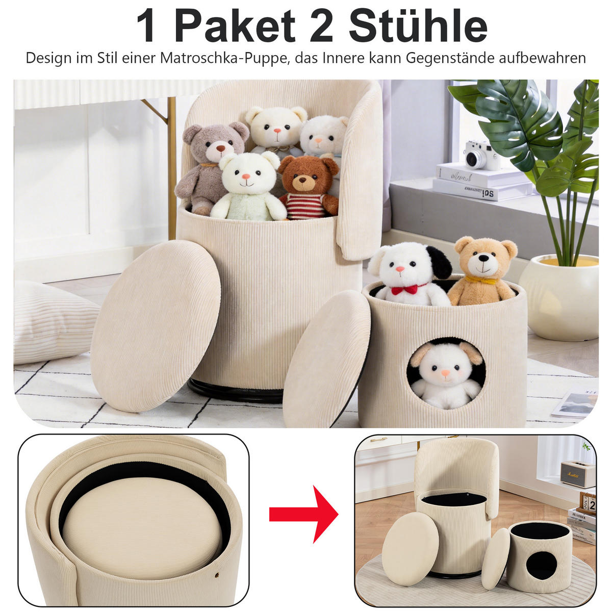 SESSEL Cord Beige drehbar und mit Stauraum - Beige, Holzwerkstoff/Textil (48/75/52cm) - WISHDOR