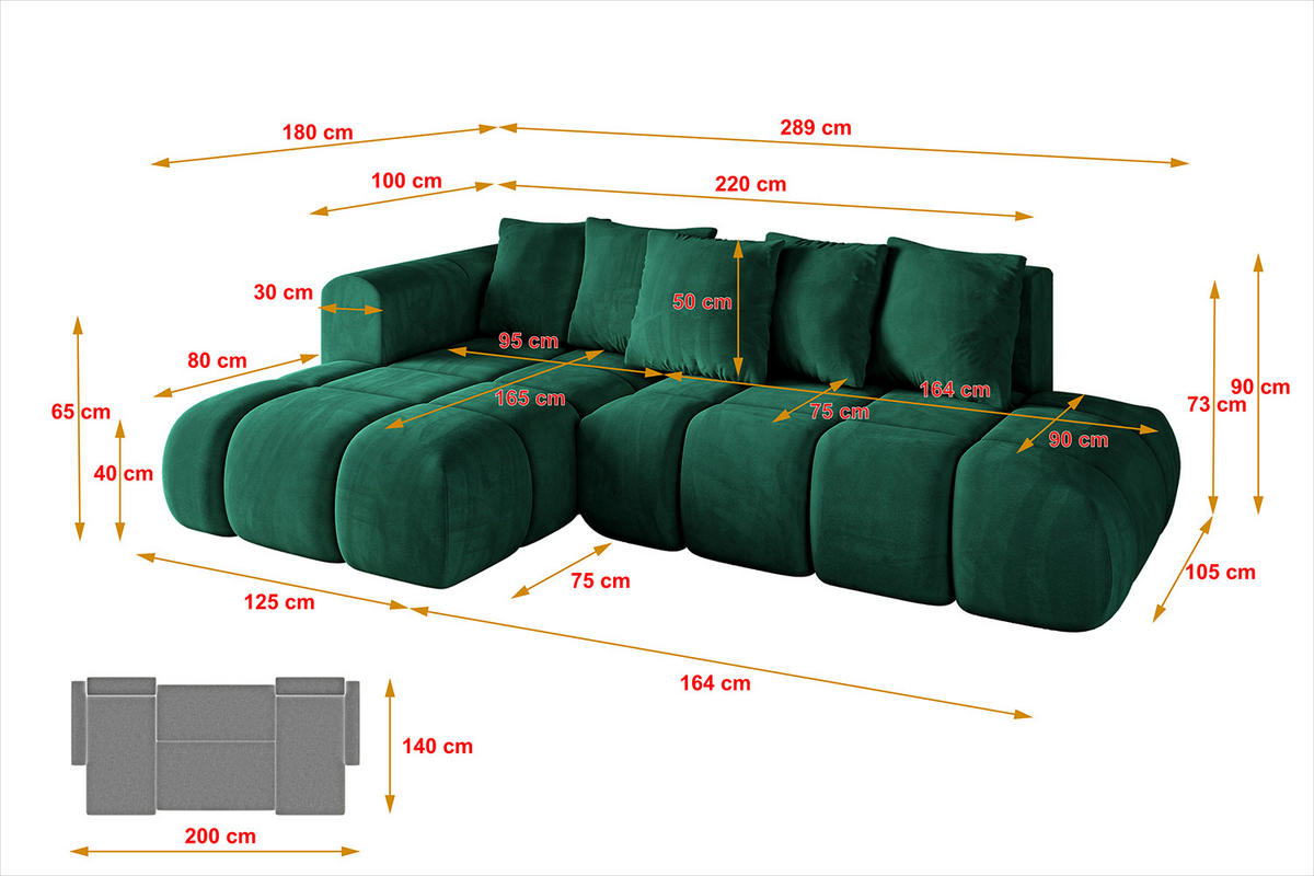ECKSOFA Ottomane Links CLOUD-L-v1 289x180x40 Dunkelgrün Velours - Dunkelgrün, Holzwerkstoff/Kunststoff (180/289cm) - ALTDECOR