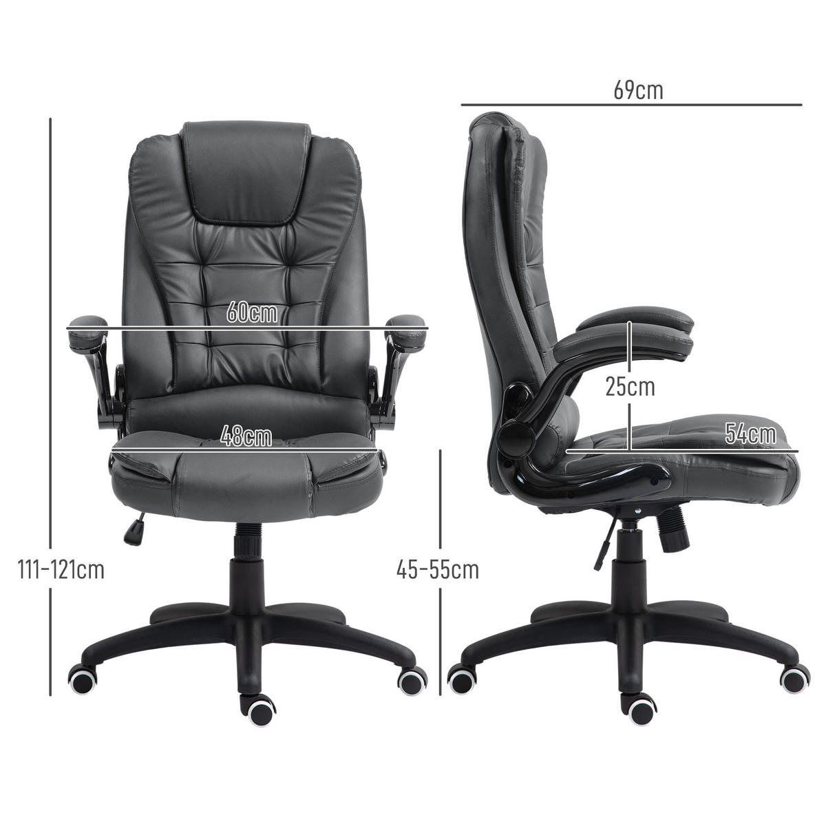 BÜROSTUHL, Ergonomisch Chefsessel mit Wippfunktion, Hochklappbare Armlehne - Dunkelgrau, Kunststoff (69/121/60cm) - HOMCOM