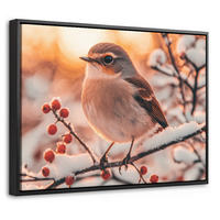 LEINWAND Bilder mit Rahmen - Vogel - Zweig - Winter - Tiere - Schnee - 40x30 - Bernsteinfarben, Textil (40/30cm) - MuchoWow