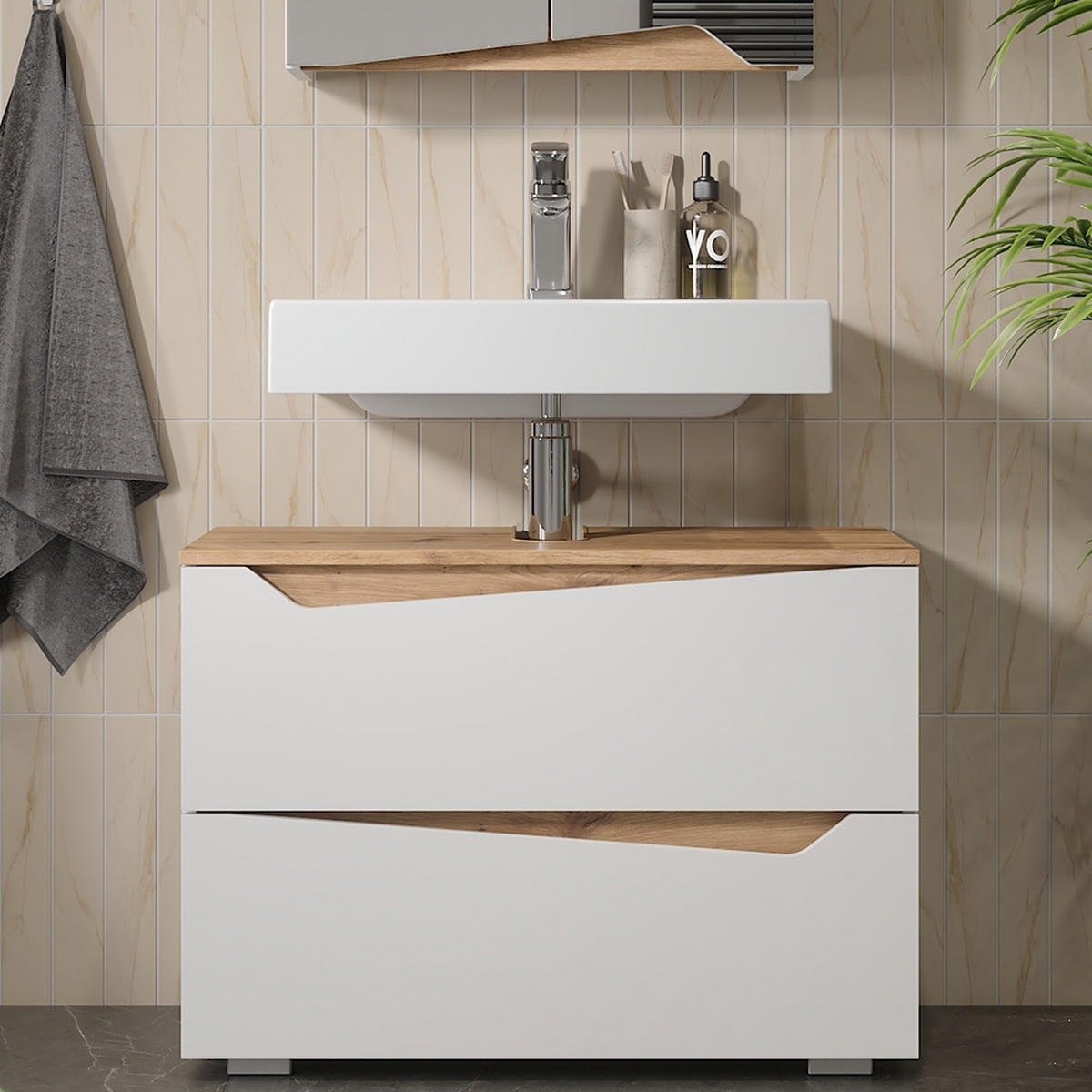 WASCHBECKENUNTERSCHRANK Marelle Weiß/Artisan 80 x 57.5 cm mit 2 Schubladen - Weiß/Eiche Artisan, Holzwerkstoff (80/57.5/35cm) - Vicco