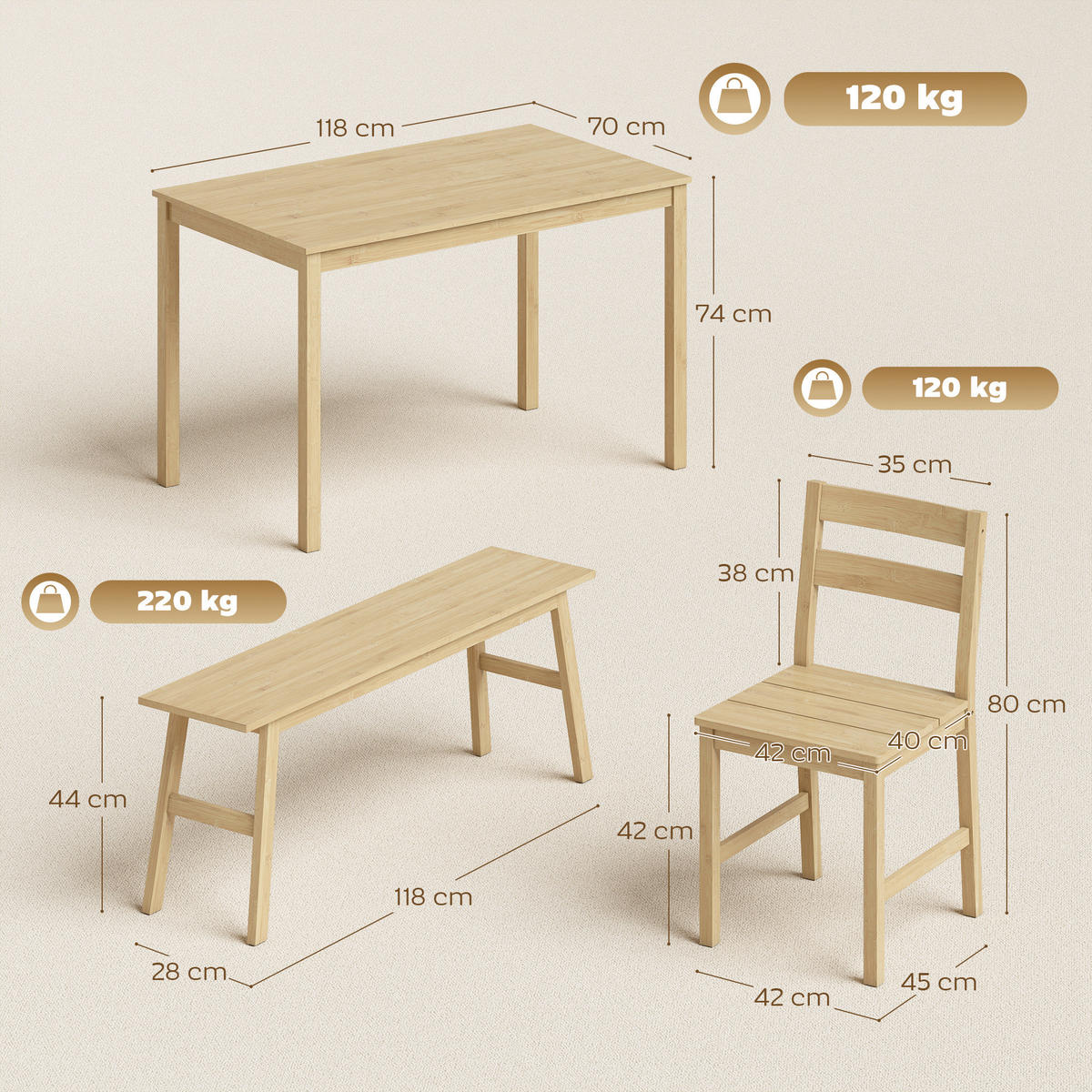 ESSGRUPPE aus Bambus, Esstisch mit 2 Stühlen und Bank für 4 Personen, Naturholz - Naturfarben, Holz (118/74/70cm)
