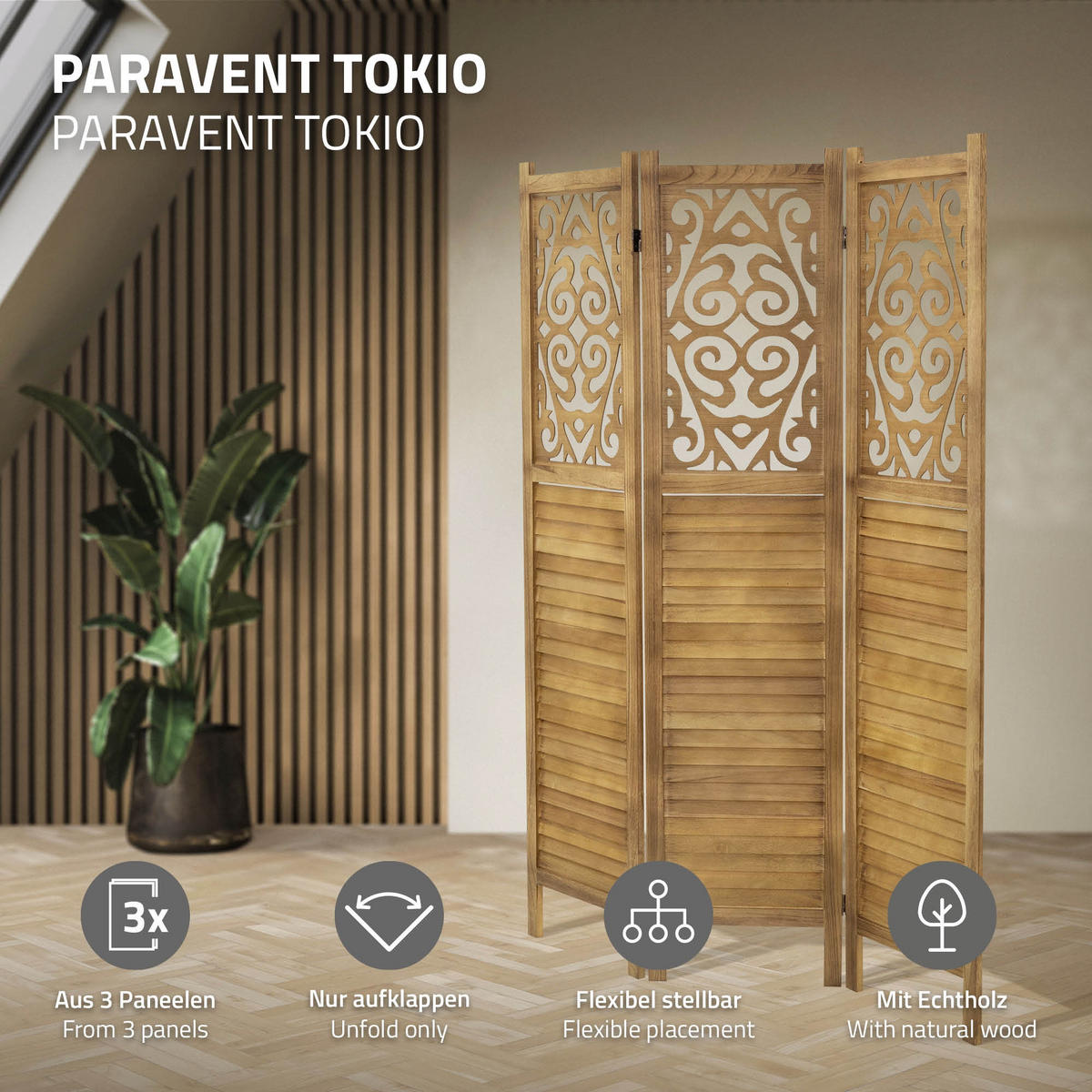 PARAVENT 3dílný Tokio 170x121 cm z přírodního dřeva - hnědá, dřevo (121/170/2cm) - ML-DESIGN