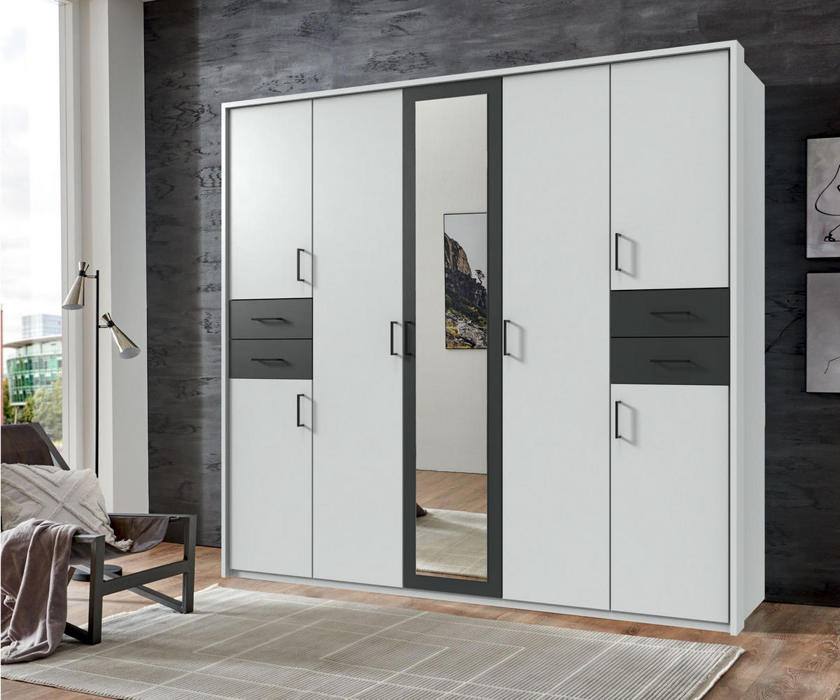 DREHTÜRENSCHRANK Kleiderschrank B228/H210/T58 cm mit Schubkästen & Passepartout & 1 Spiegeltür, Weiß mit Absetzungen in Grafit, Griffe schwarz / 22572 - Graphitfarben/Schwarz, Holzwerkstoff/Kunststoff (228/210/58cm) - luma-home