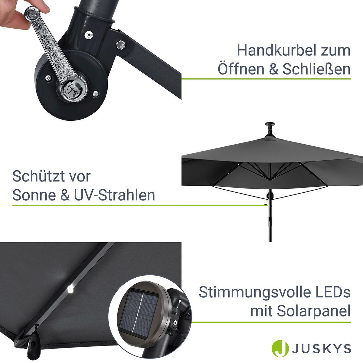 AMPELSCHIRM Brazil dunkelgrau 3,5m mit LED, Kurbel und Standfuß - Dunkelgrau, Metall (330/330cm) - Juskys