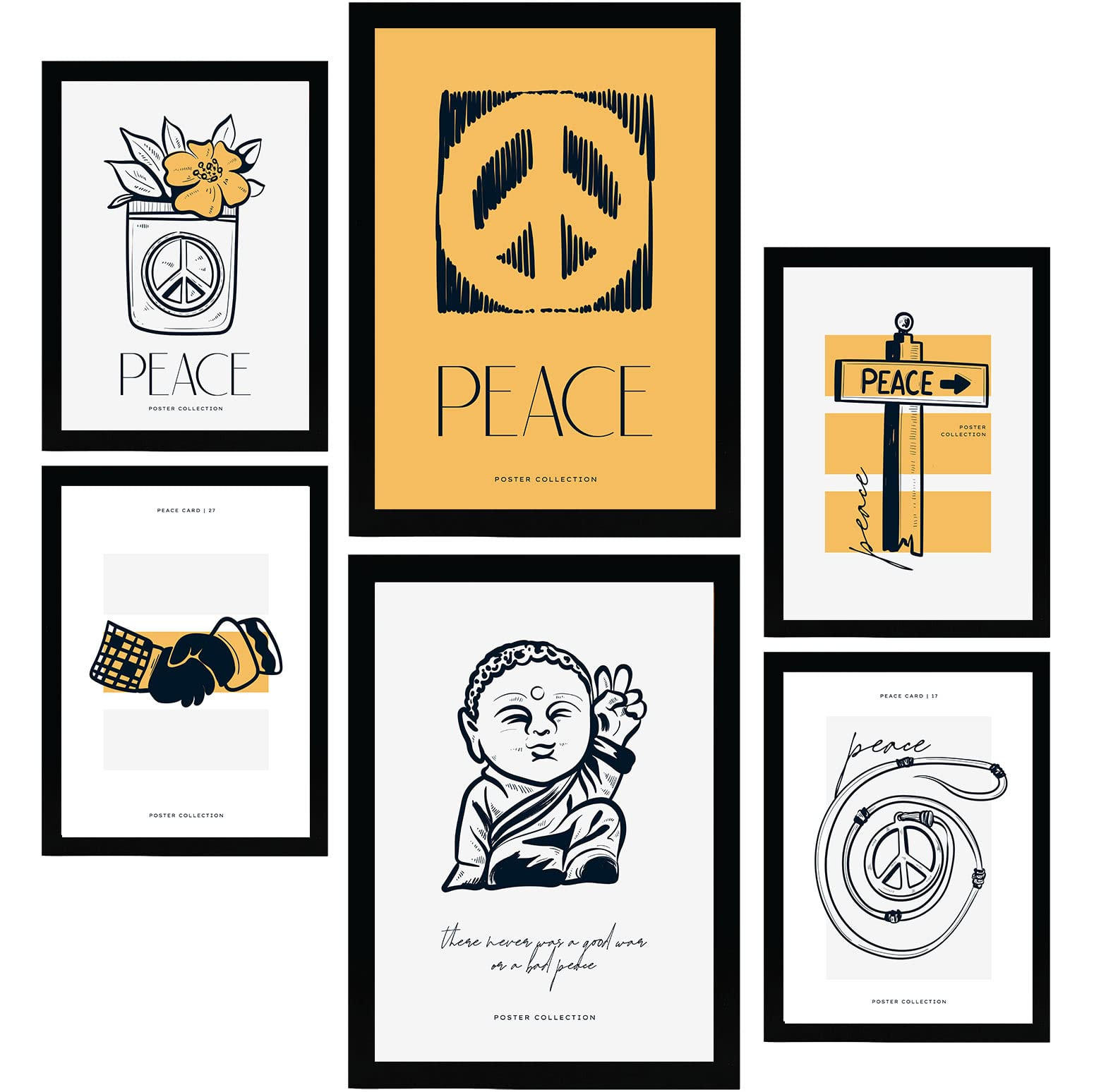 POSTER Set Mit 6 In Schwarzer Tinte Friedenszeichen Kunstdrucke Von Meer Und Ozean Für Innenarchitektur A3 & A4 Schwarzer Rahmen - Schwarz, Papier (29/3cm) - Nacnic