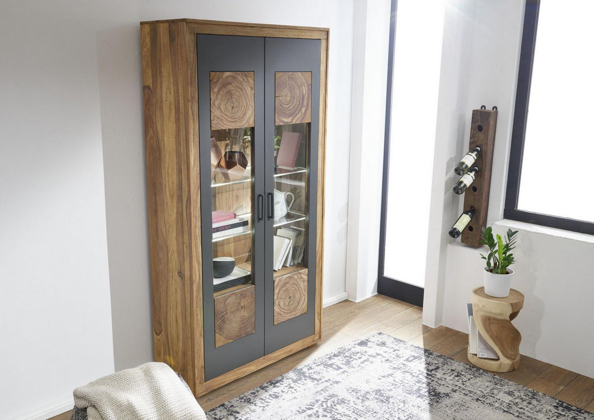 VITRINE Sheesham 103x40x201 gebeizt TURIN #05 - Braun, Holz (103/201/40cm) - Massivmoebel24