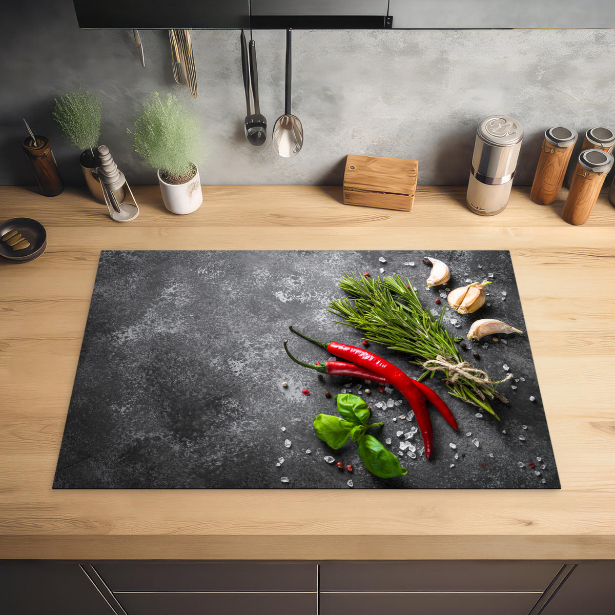 HERDABDECKPLATTE Pfeffer - Kräuter - Gewürze - Beton 78x52 cm - Rot, Kunststoff (78/0.2/52cm) - MuchoWow