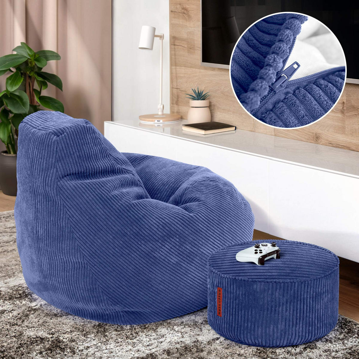 LOUNGE-SITZSACK Cozy + Fußhocker - Dunkelblau, Textil (80/90/90cm) - Green Bean