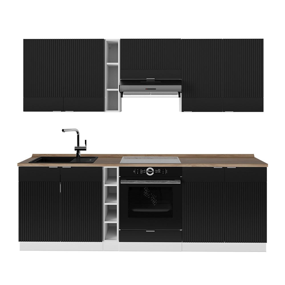 KÜCHENZEILE Fame-Line Schwarz gestreift/Weiß 235 cm , AP Eiche - Schwarz/Weiß, Holzwerkstoff (235/206.8/60cm) - Vicco