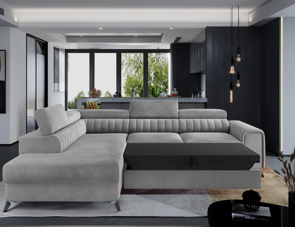 ECKSOFA Laurence mit Schlaffunktion & Bettkasten – 278 x 205 cm, verstellbare Kopfstützen - Grau, Kunststoff (278/205cm) - Wohnideebilder