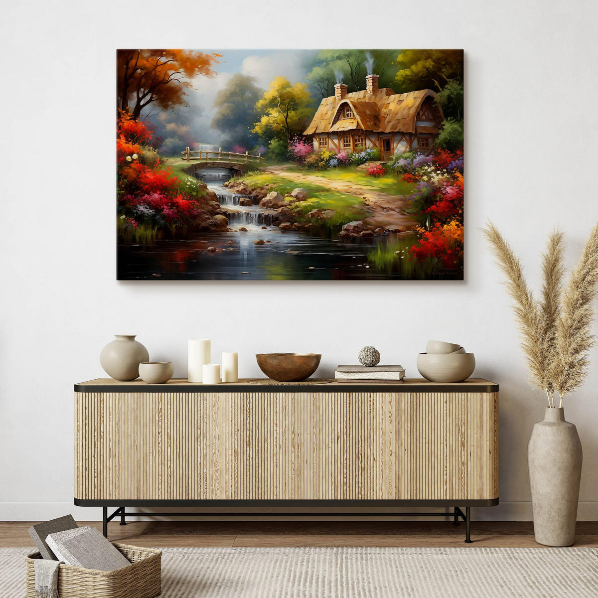 LEINWANDBILD ländlichem Häuschen Wald Natur Landschaft 120cm x 80cm - Beige/Rot, Textil (120/80cm) - Muralo