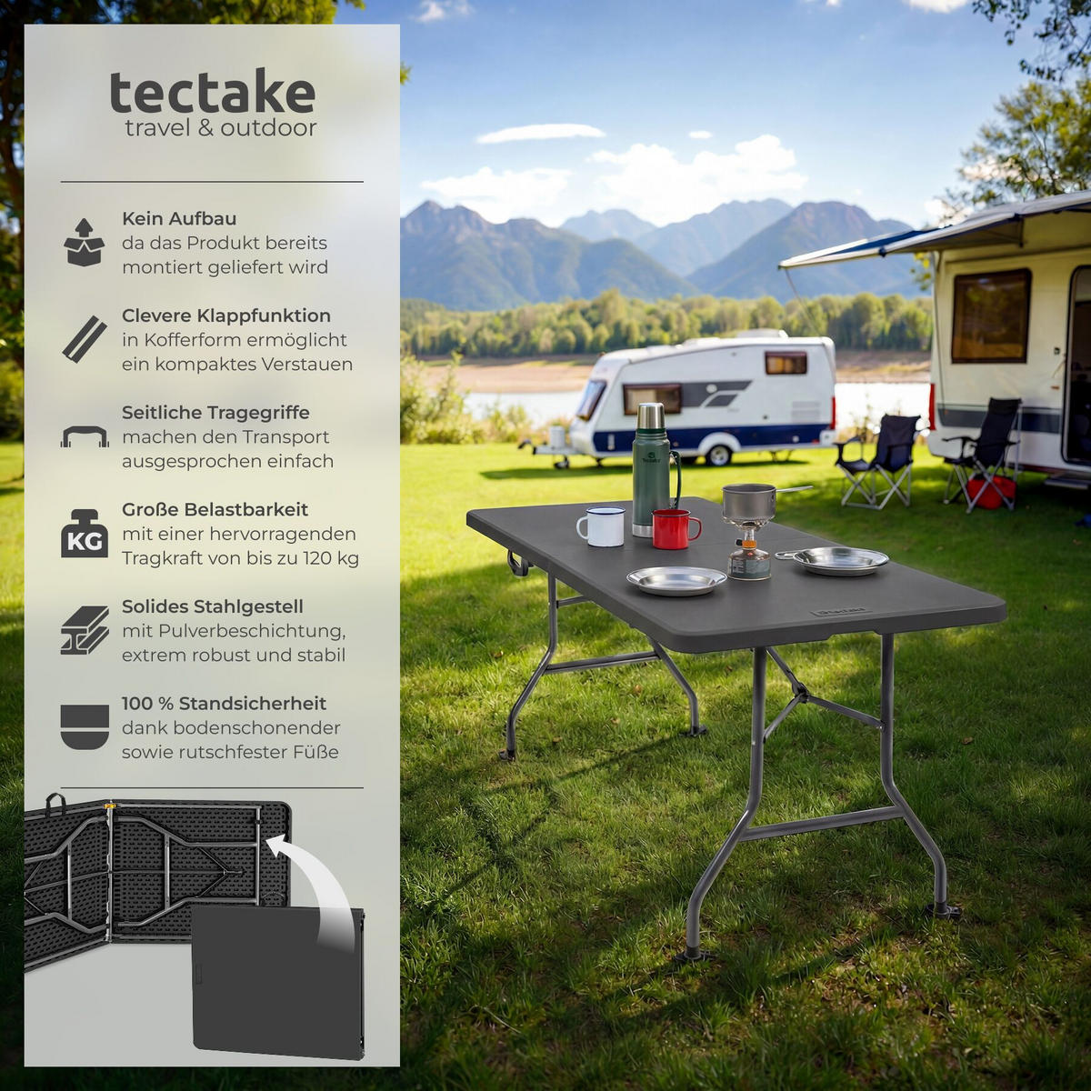 CAMPINGTISCH Panja, gummierter Tragegriff, anthrazit - Anthrazit, Kunststoff (70/180/74cm) - tectake