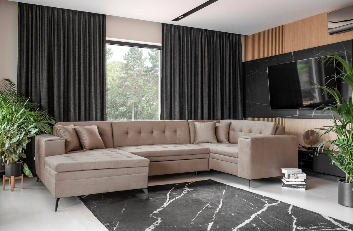 WOHNLANDSCHAFT mit Schlaffunktion, luxus Nube-Stoff - Beige/Schwarz, Textil/Metall (180/93/340cm) - Eltap