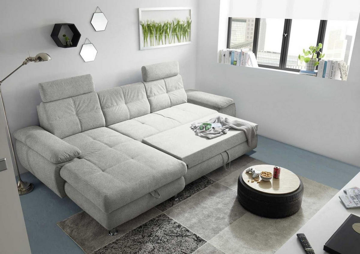 ECKSOFA mit Schlaffunktion und Bettkasten, Brego-Stoff - Chromfarben/Grau, Textil/Metall (274/177cm) - ed exciting design