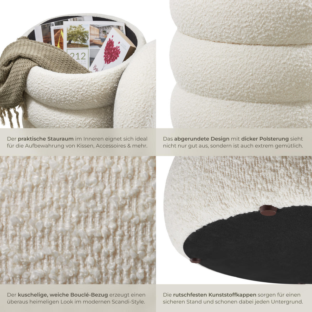 SITZHOCKER mit Stauraum Altu,42 x 42 x 47 cm,Bouclé creme-weiß - Creme/Weiß, Holz (42/47/42cm) - tectake