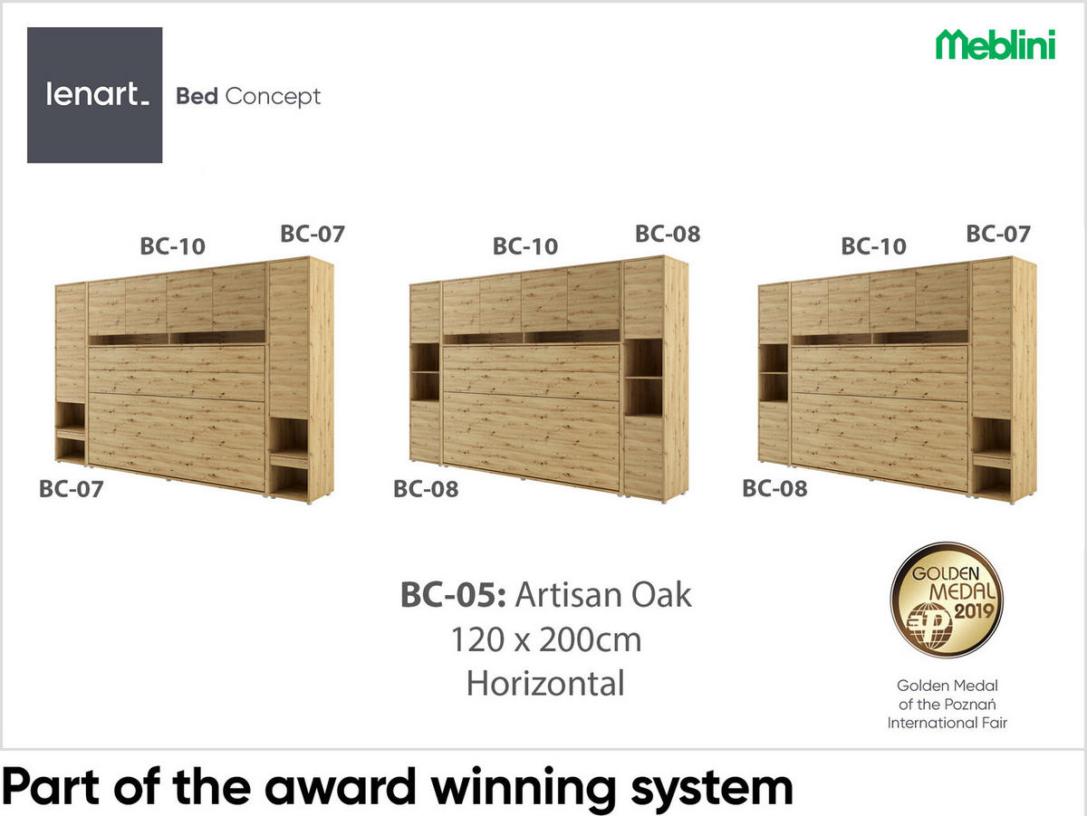 SCHRANKBETT BC-05 - 120x200cm Horizontal - Artisan Eiche mit Matratze - Eiche Artisan, Holzwerkstoff (200/120cm) - Meblini