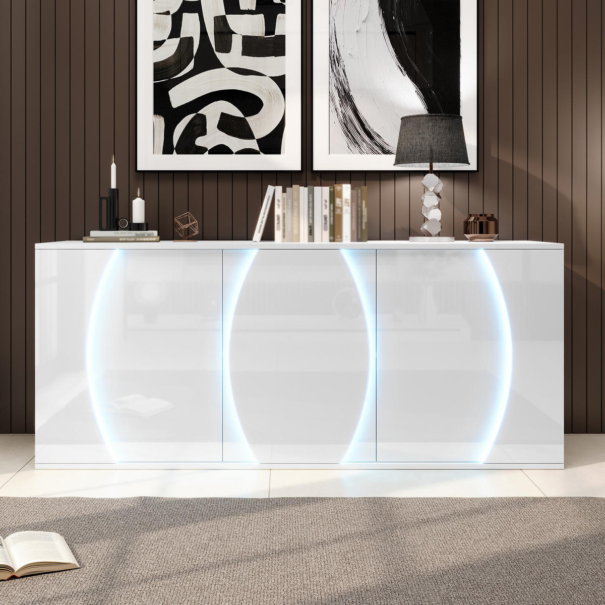 SIDEBOARD 150/40/70 cm in Weiß mit 3 Türen & LED-Beleuchtung - Weiß, Holzwerkstoff (150/70/40cm) - BEAOK
