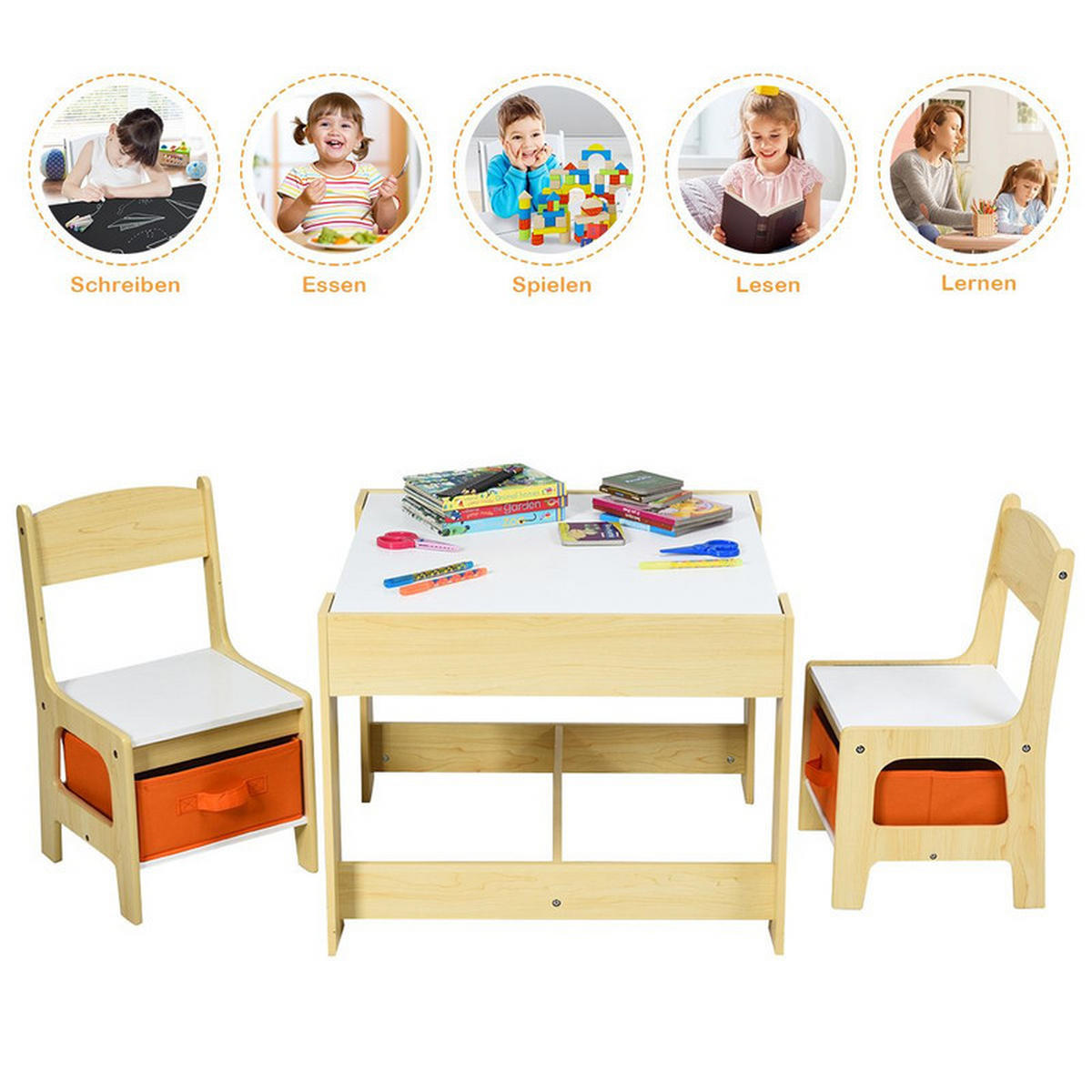 KINDERSITZ‑SET mit Stuhl natur(3-tlg) - Naturfarben, Holzwerkstoff (62/48/62cm) - COSTWAY