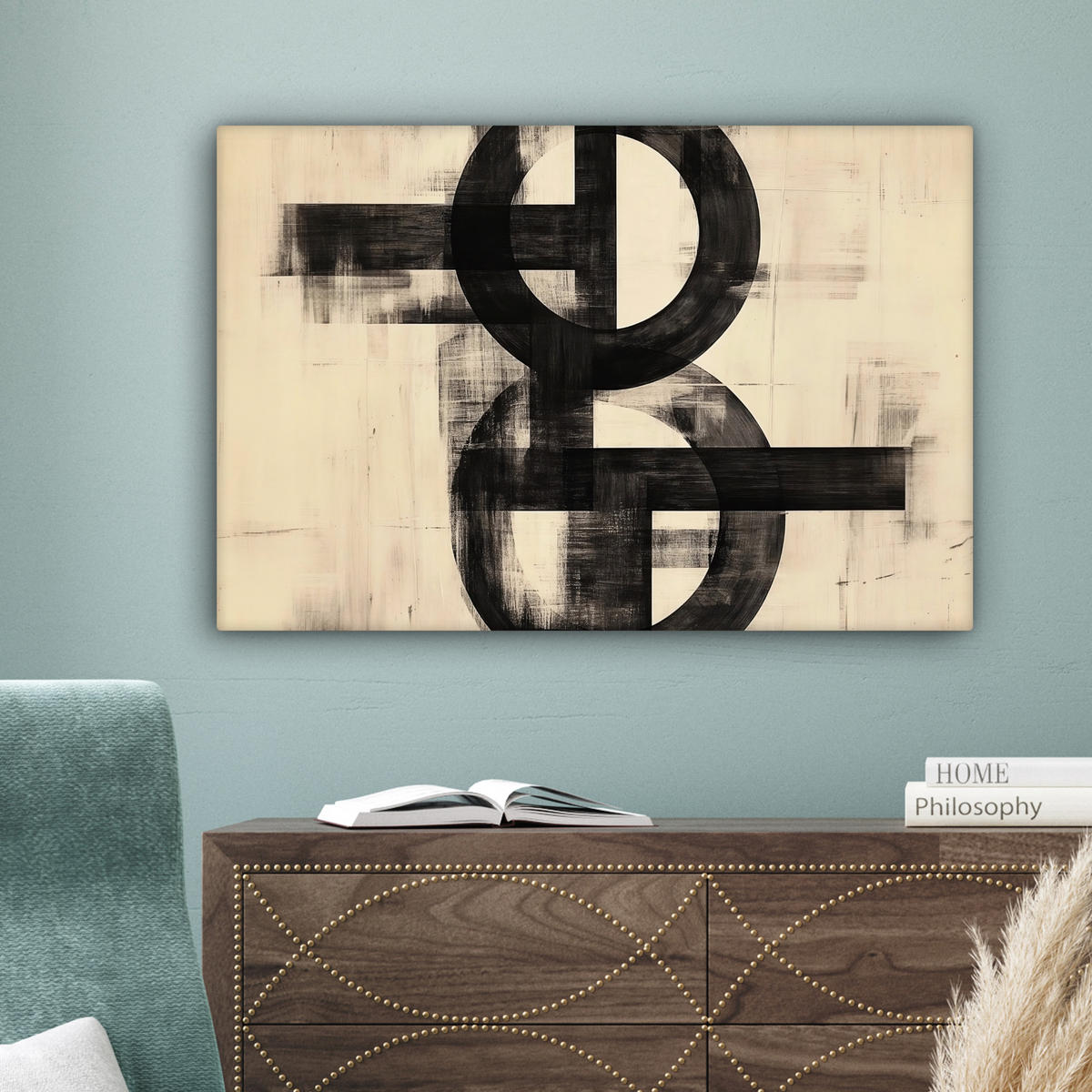 LEINWANDBILD Kreise - Balken - Schwarz - Abstrakt Wanddeko 90x60 cm - Schwarz, Textil (90/60cm) - MuchoWow