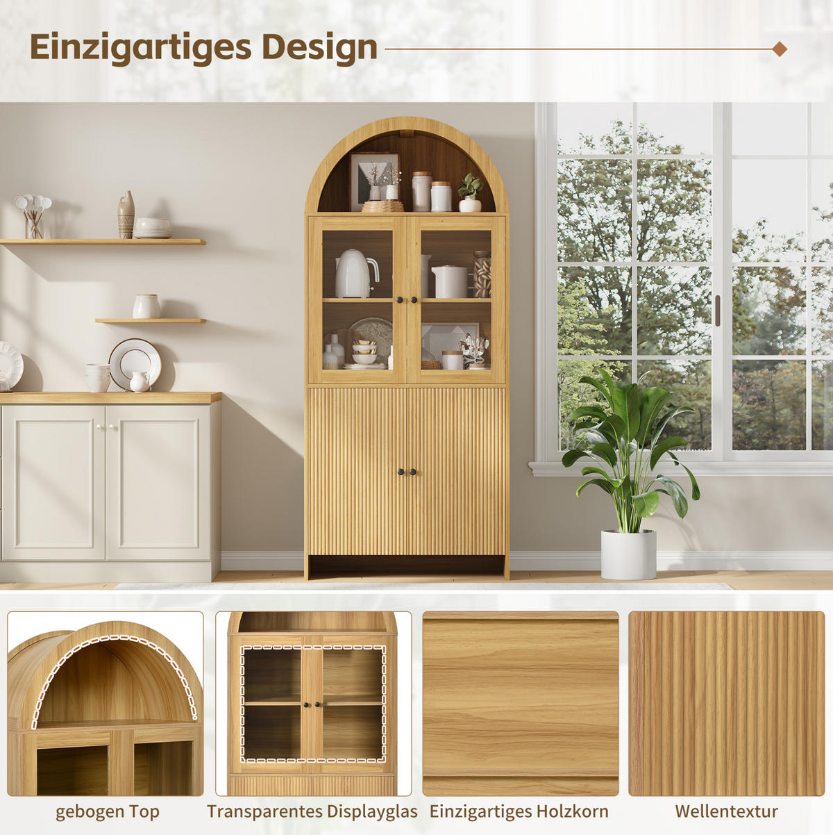 VITRINENSCHRANK 78/40/176 cm mit Glastüren, gewölbtem Design und Wellenfront aus Spanplatte, Natur - Naturfarben, Holzwerkstoff (78/176/40cm) - Redom